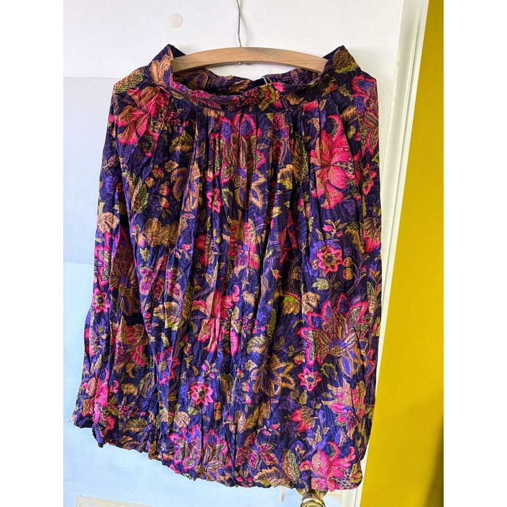 Vintage Yasmin Purple Floral Paisley Pleated Midi Skirt Pockets Boho Womens 28w